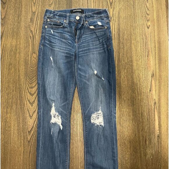 Express Super Skinny Jeans Mid Rise Whisker Distressed Stretch Medium Wash 2L - Picture 2 of 13